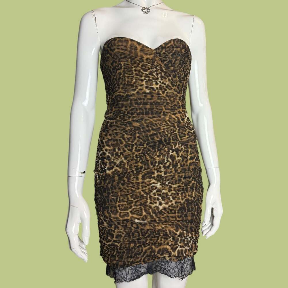 BCBGMaxAzria Leopard Print Ruched Bovary Dress with Lace Trim